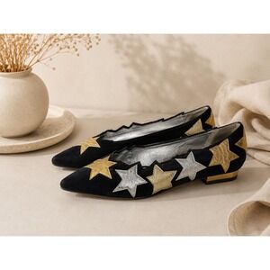 Claudio Merazzi Womens Black Suede Metallic Star Pointed Toe Flats Size 9 Italy